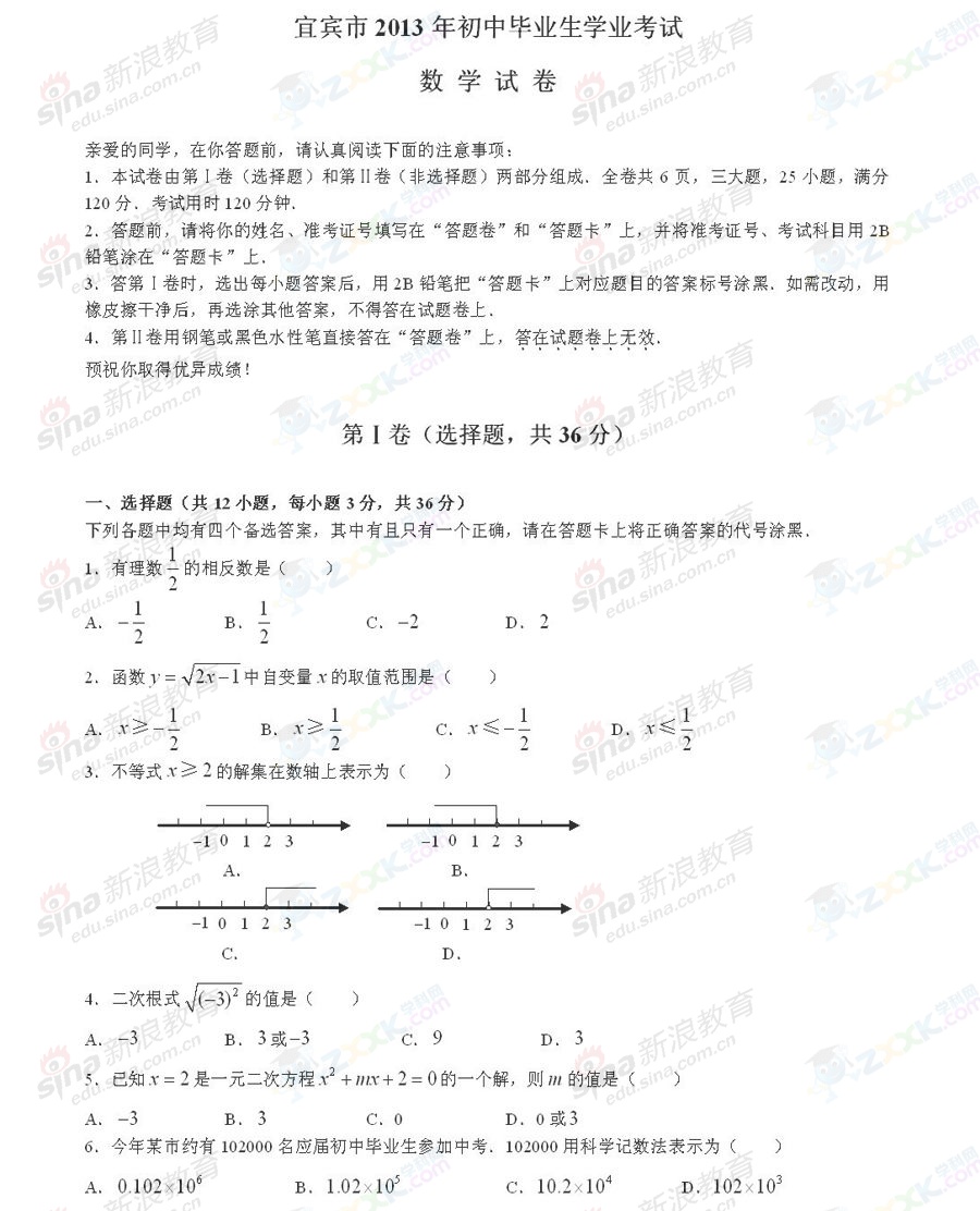 2013中考数学试题及参考答案(四川宜宾卷)