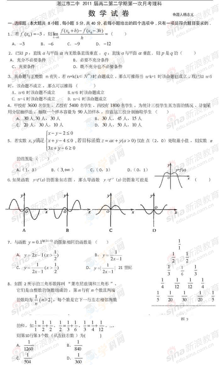 广东湛江二中高二3月统一测试数学试卷