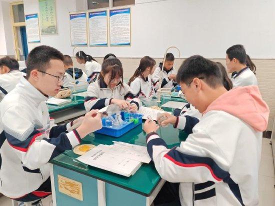 11月13日，在延庆区第四中学的化学课上，学生们正在利用操作台上的实验器材自主设计实验。学校供图