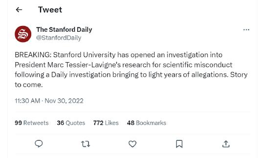 2022年11月30日，斯坦福日报发布消息称，斯坦福大学对校长马克·泰西尔-拉维尼涉嫌学术不端行为展开调查。