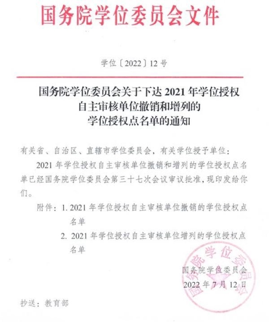 《国务院学位委员会关于下达2021年学位授权自主审核单位撤销和增列的学位授权点名单的通知》。  来源：中国科学技术大学国家示范性微电子学院官网