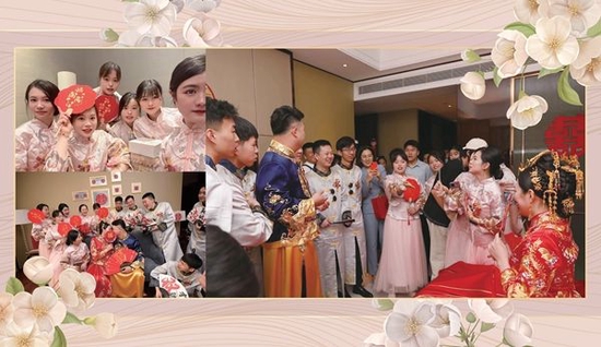 左上：谢宇科（左一）和其他伴娘的合影。  左下：谢宇科（第一排左一）与新人共同拍摄婚礼纪念照。  右：谢宇科（右二）在接亲环节与伴郎互动。本人供图